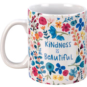 Kindness Is Beautiful coffee mug with colorful floral pattern