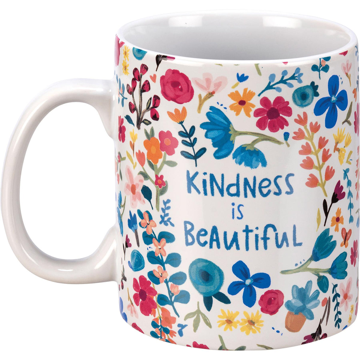 Kindness Is Beautiful coffee mug with colorful floral pattern