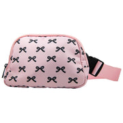 Pink mini belt bag with black coquette bows detail