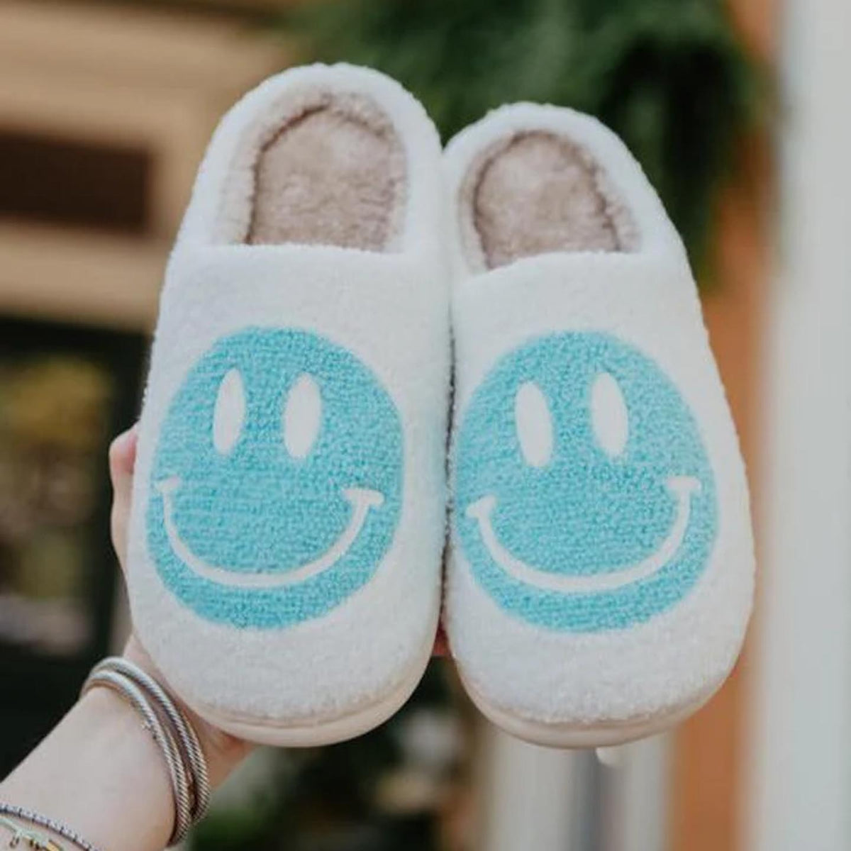 Happy Face Cozy Women's Fuzzy House Slippers Aqua