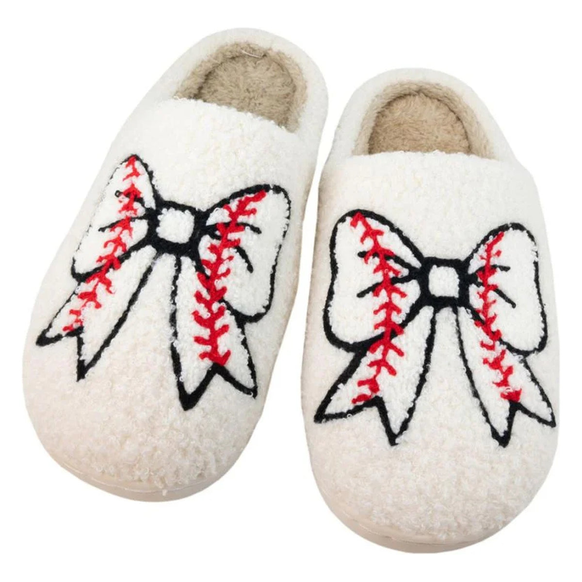Baseball bow fuzzy women's house slippers