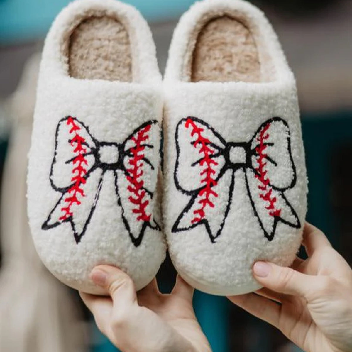 Baseball Bow Fuzzy Women's Fuzzy House Slippers