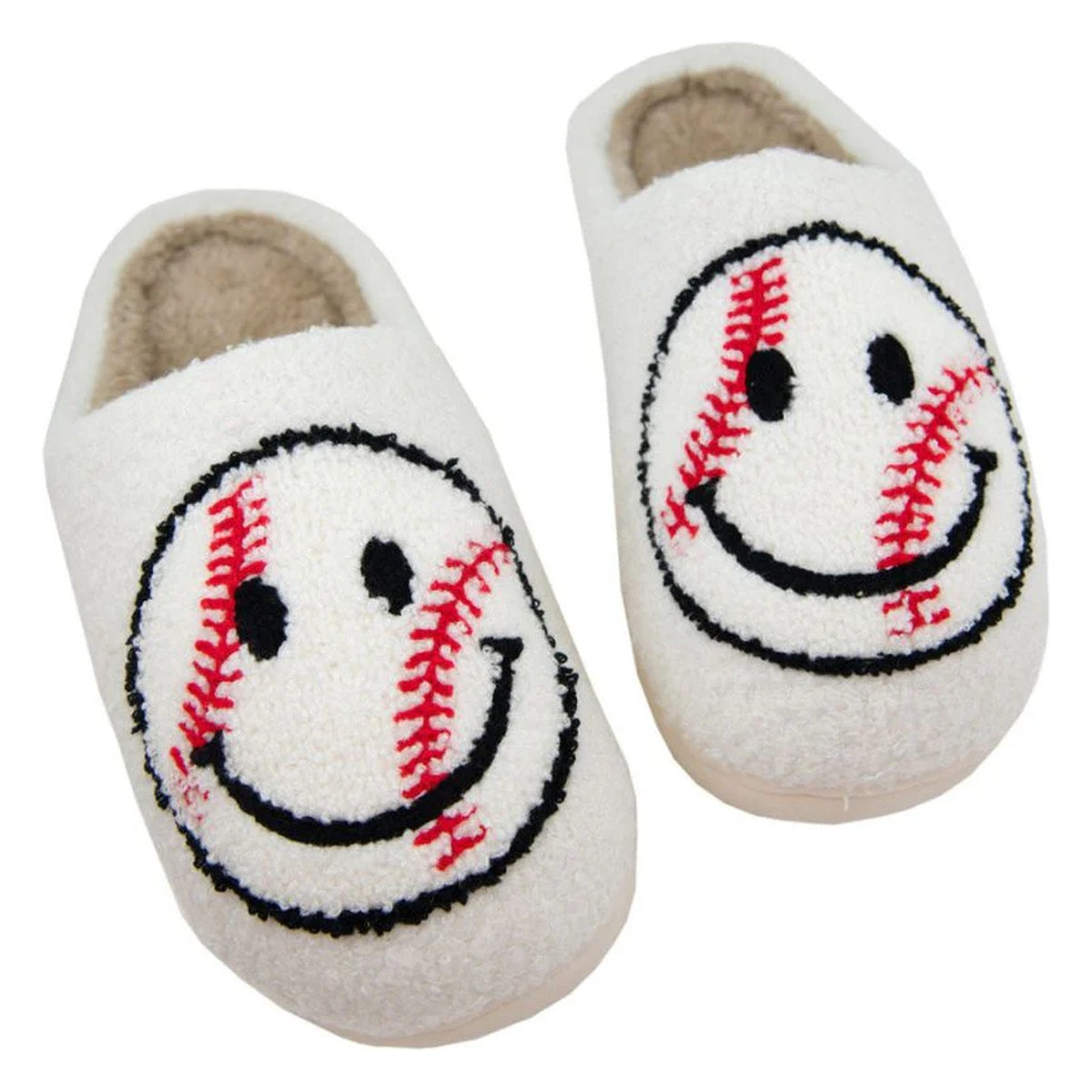 Baseball happy face women's fuzzy house slippers