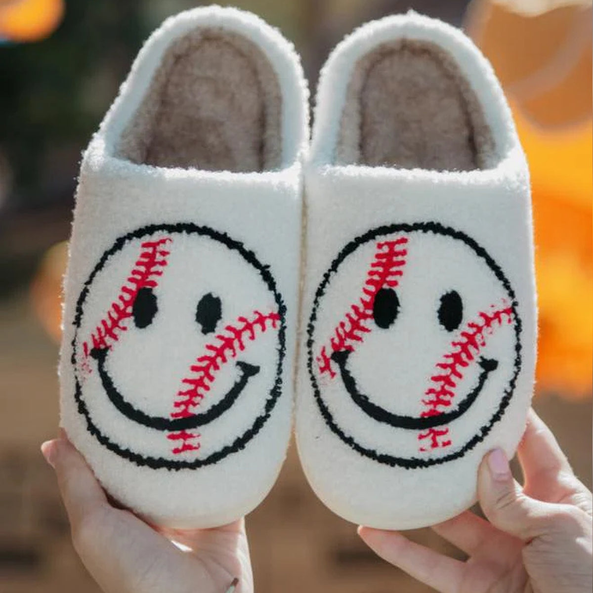 Baseball Happy Face Women's Fuzzy House Slippers