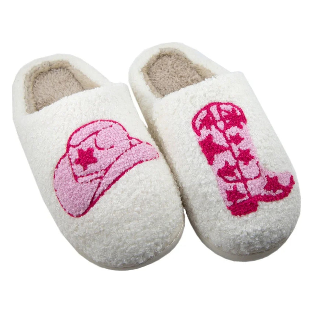 Boot and cowgirl hat design women's fuzzy house slippers