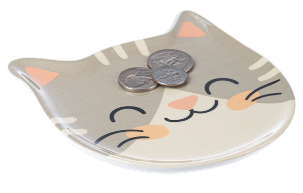 Cute Illustrated Cat Trinket Dish - Gray & Tan