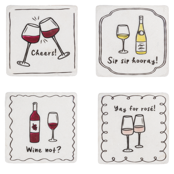 Set of 4 cute wine line illustration coasters