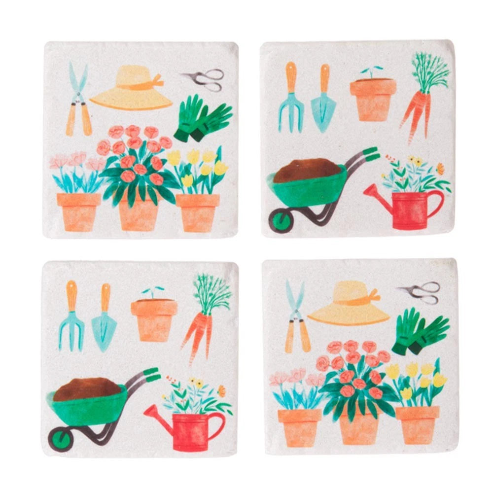 Set of 4 cute gardening themed coasters