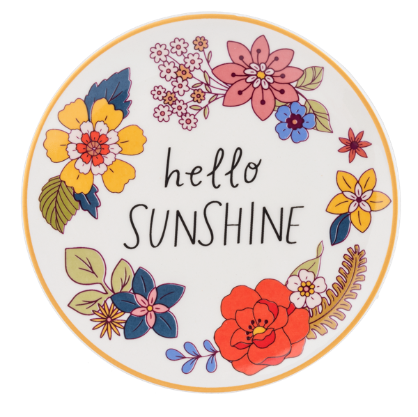 Wildflower wreath round trinket dish with Hello Sunshine message