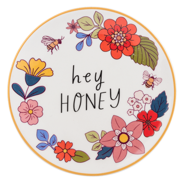Wildflower wreath round trinket dish with Hey Honey message