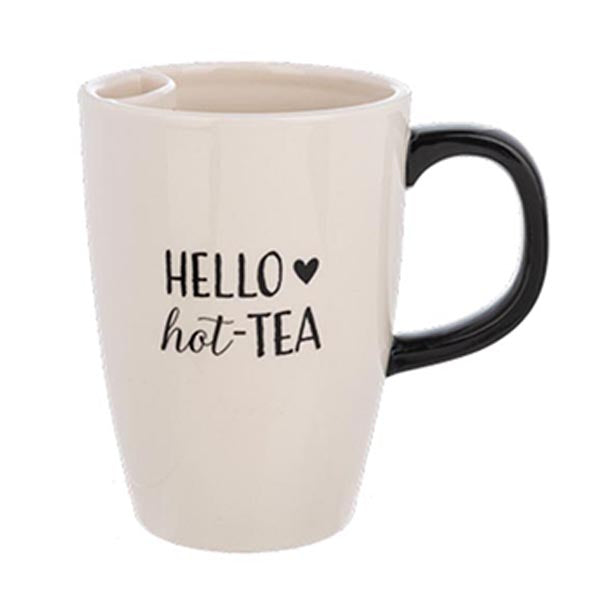 Hello Hot Tea large ceramic mug with tea-bag holder
