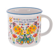 Grateful inspirational camp mug with butterfly and flowers design