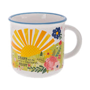 Grateful inspirational camp mug with sun and rainbow design