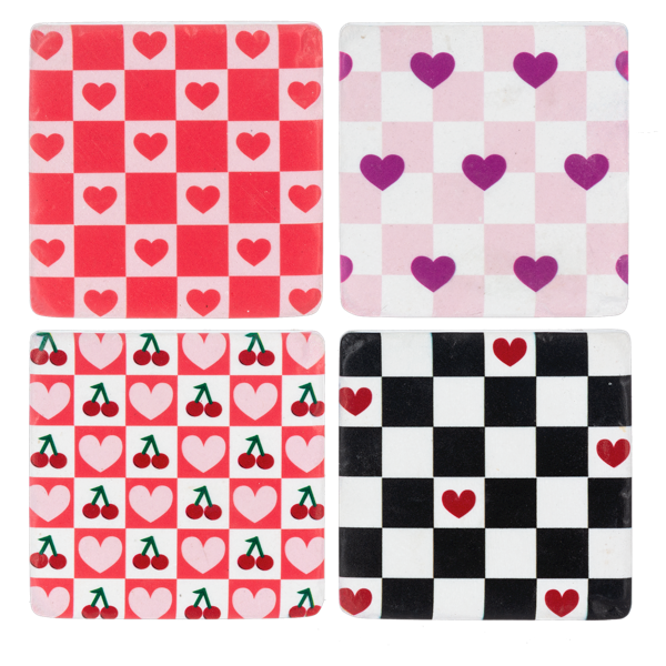 Set of 4 checkered hearts coasters