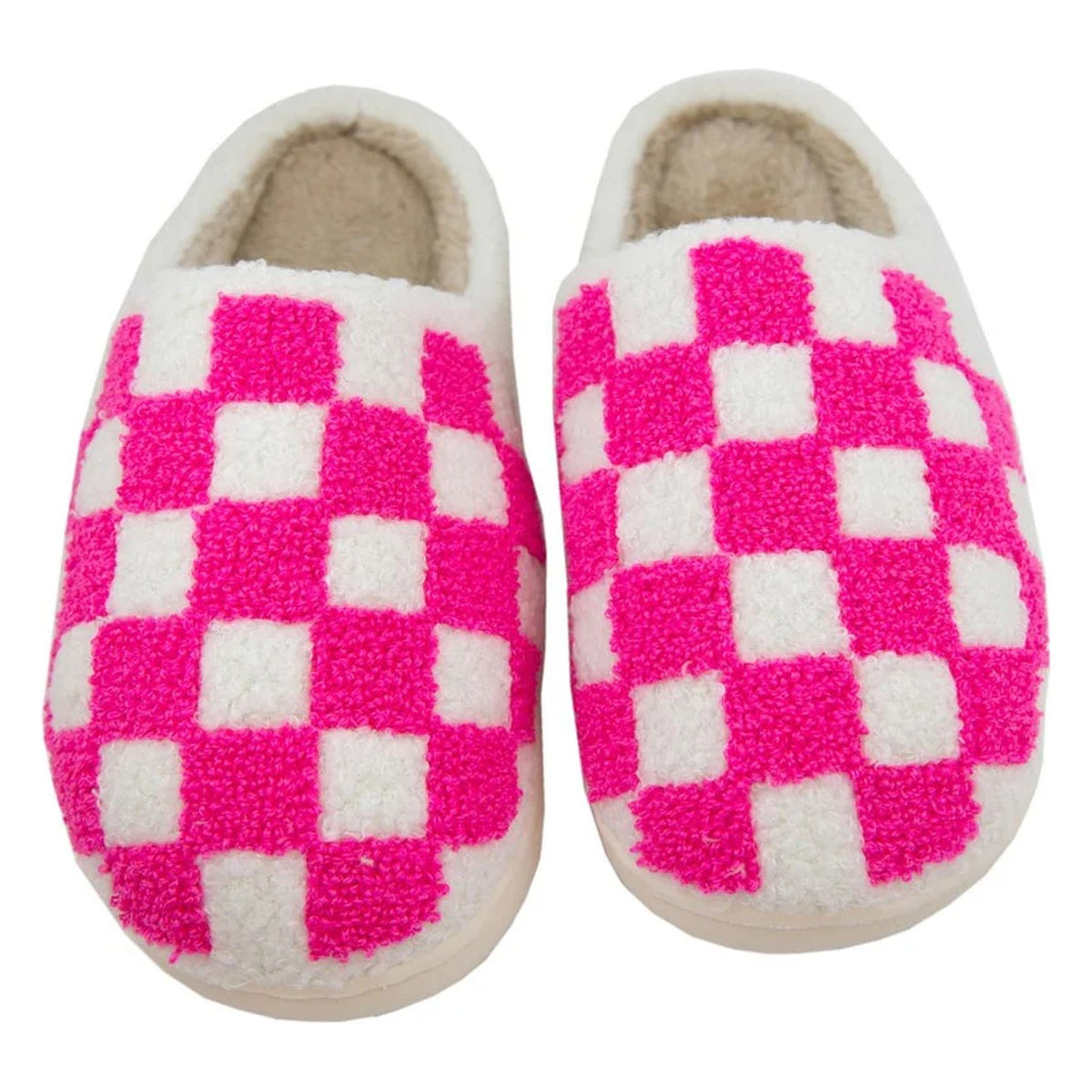 Checkered pattern hot pink women's fuzzy house slippers