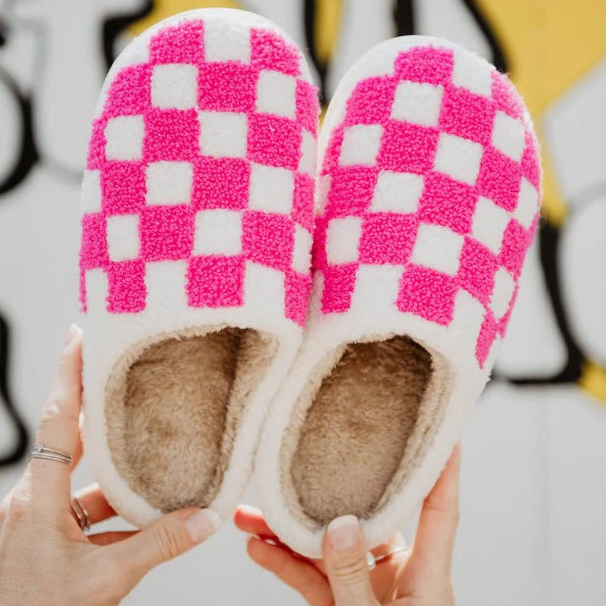 Checkered Pattern Hot Pink Women's Fuzzy House Slippers