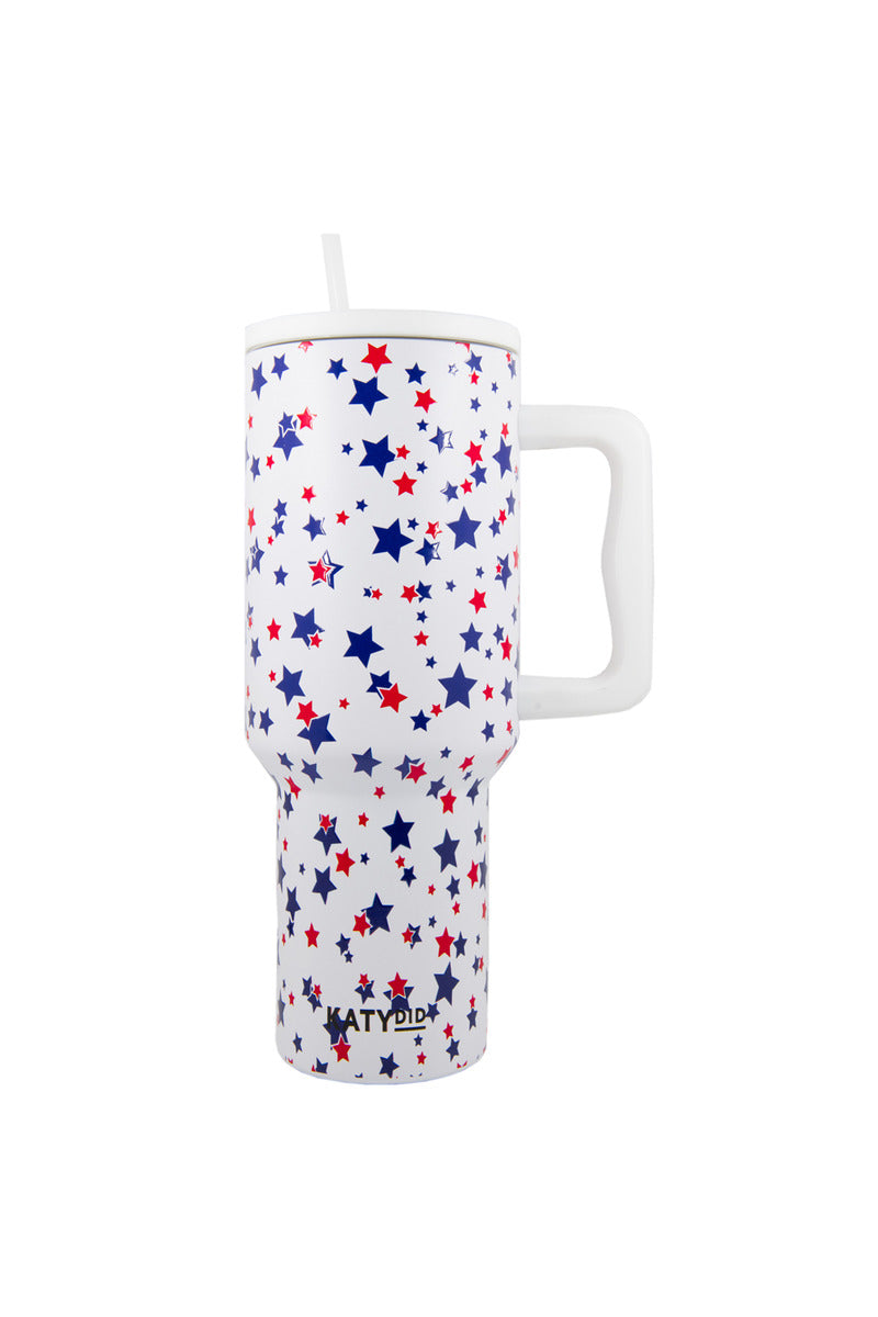 red, white, blue star 38 oz tumbler cup with handle