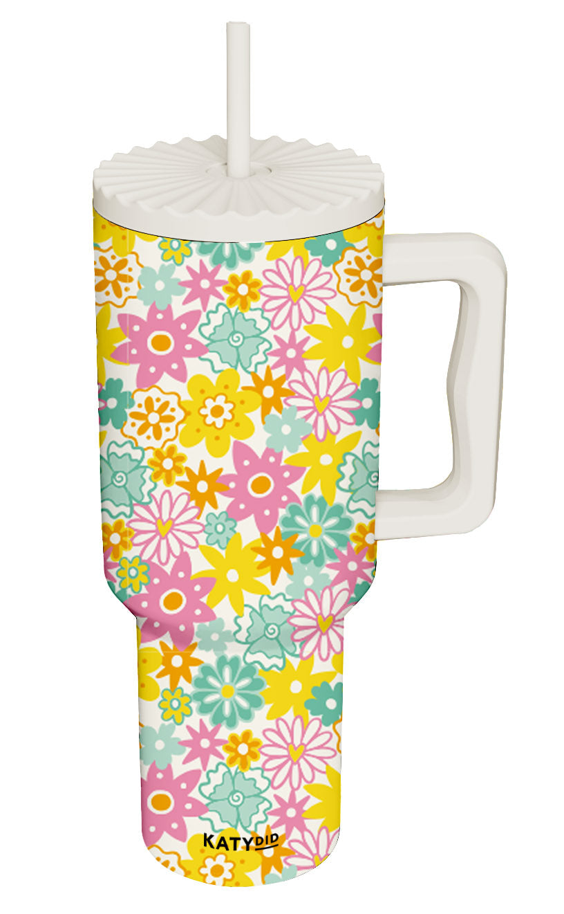 spring flowers pattern 38 oz tumbler cup with handle