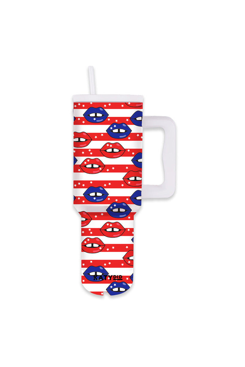 american flag & lips 38 oz tumbler cup with handle