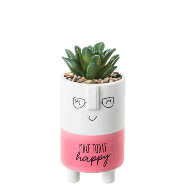 Cute Kindness Pot With Artificial Plant & Inspirational Message - Happy