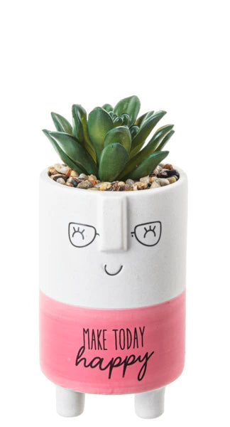 Cute kindness pot with artificial plant and Happy message
