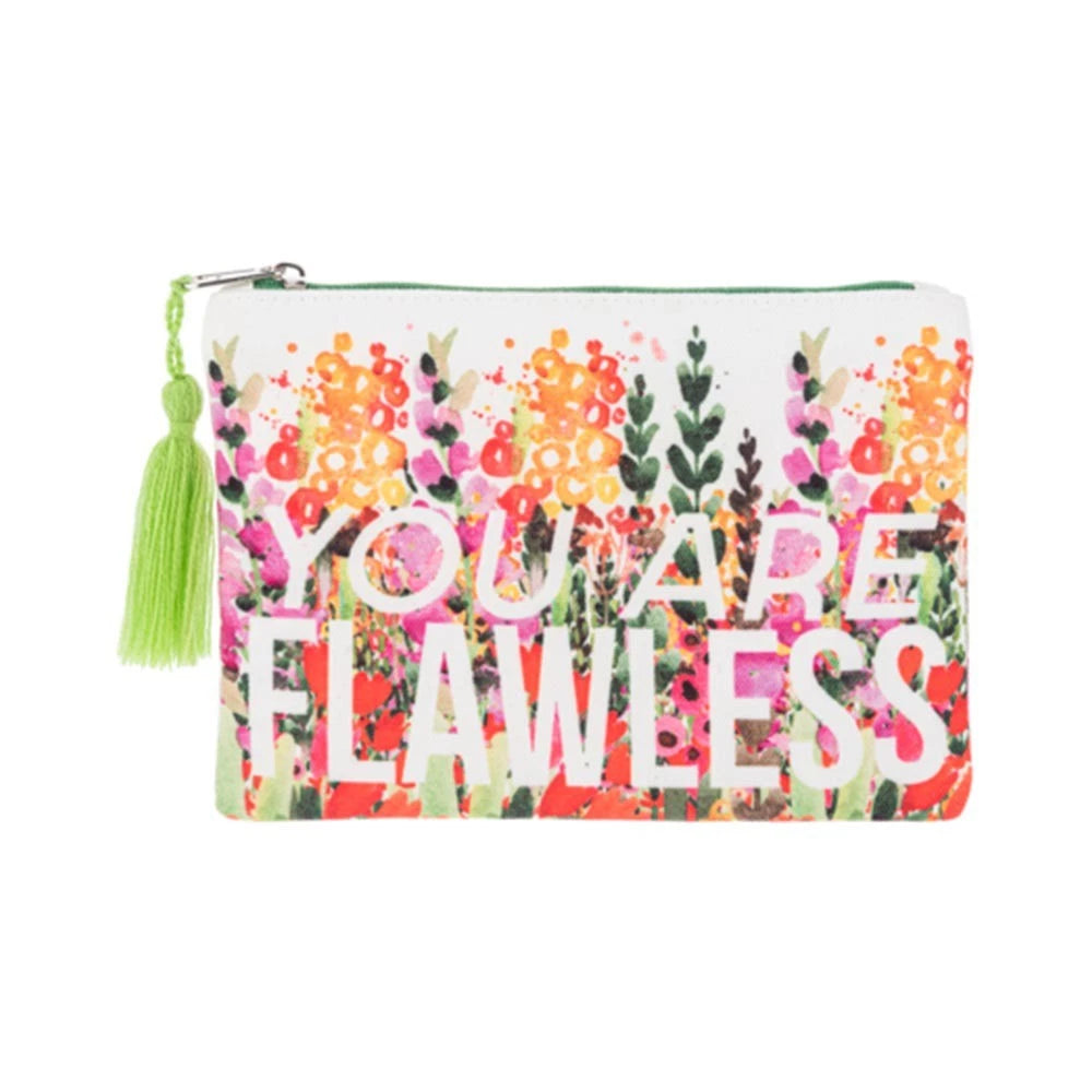 Floral zip pouch with You Are Flawless inspirational message