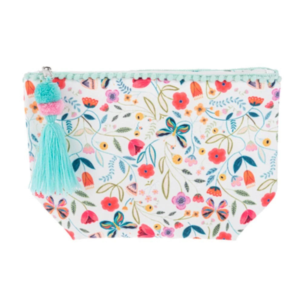 Cute floral zip pouch in white and teal design