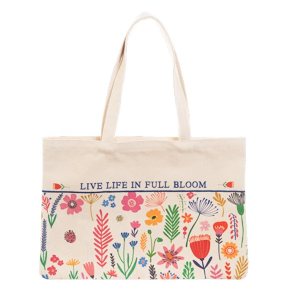 Botanical floral pattern tote bag with Bloom inspirational message