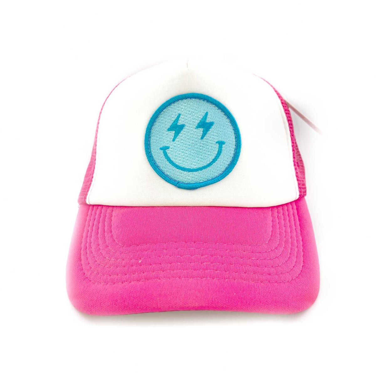 Neon blue lightning happy face women's foam trucker hat
