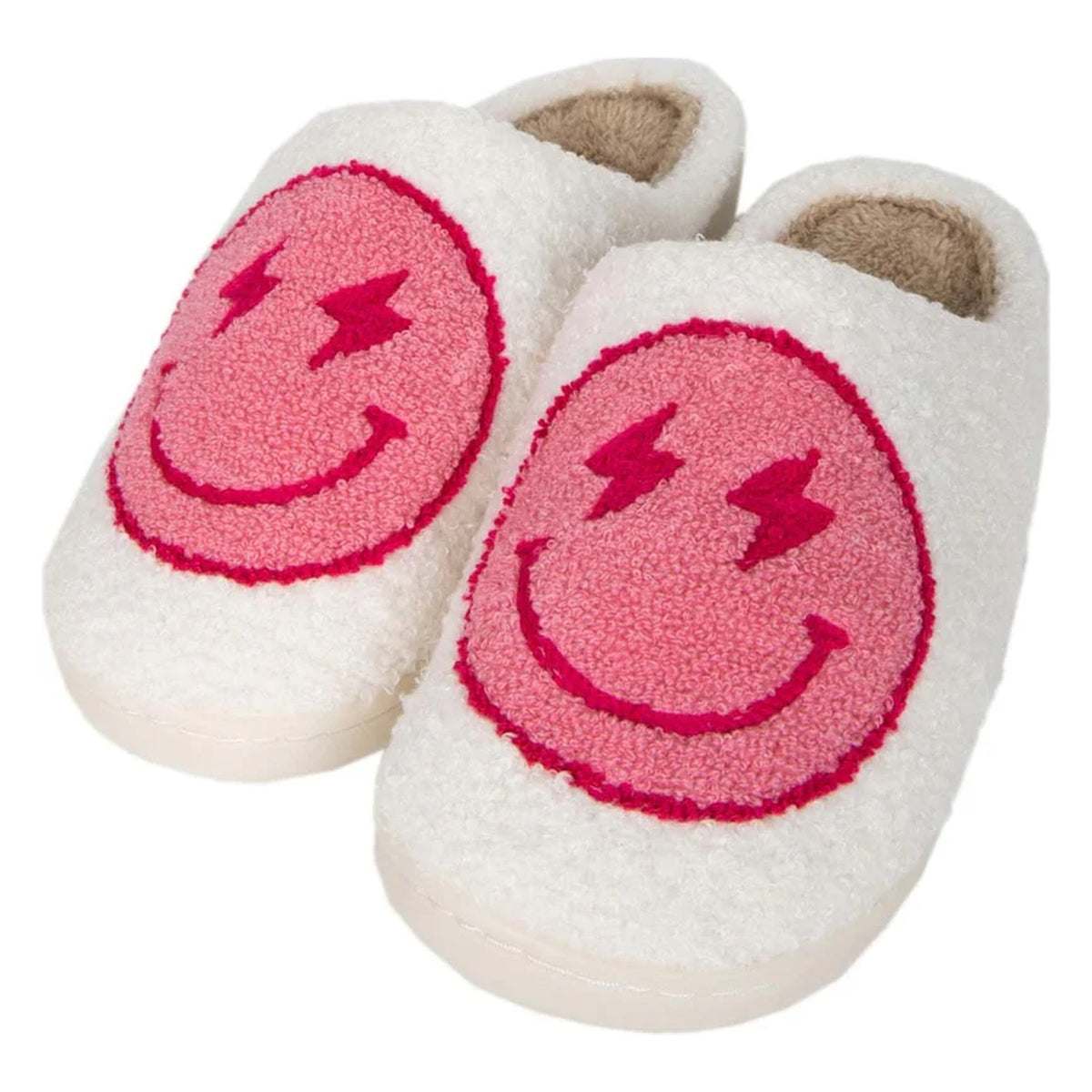 Lightning happy face pink and white women's fuzzy house slippers