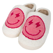 Lightning happy face pink and white women's fuzzy house slippers
