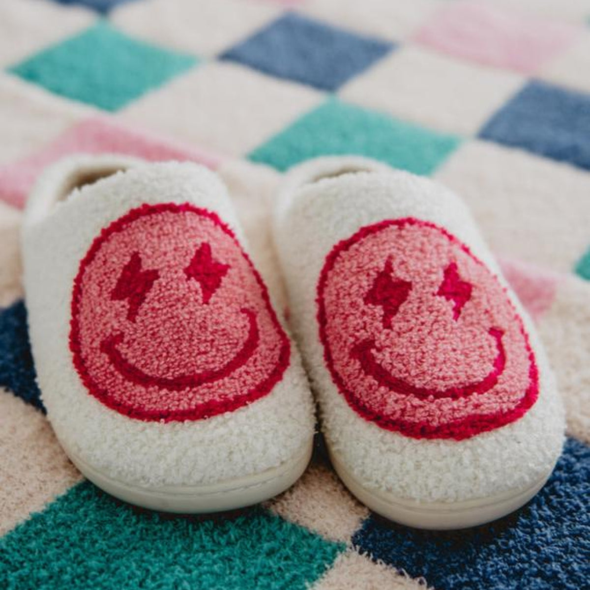 Lightning Happy Face Pink And White Women's Fuzzy House Slippers