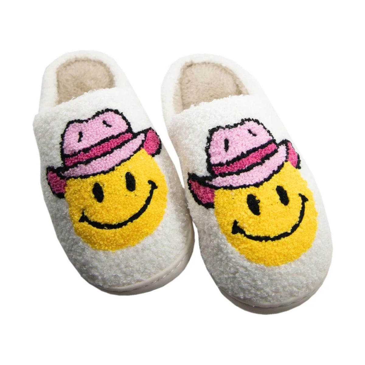 Smiley face with pink cowgirl hat women's fuzzy house slippers