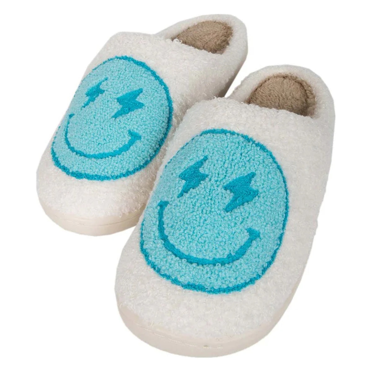 Lightning happy face turquoise and white women's fuzzy house slippers