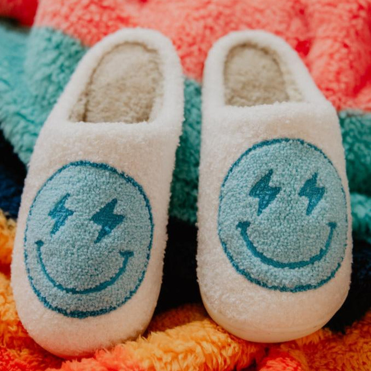 Lightning  Happy Turquoise and White Women's Fuzzy House Slippers