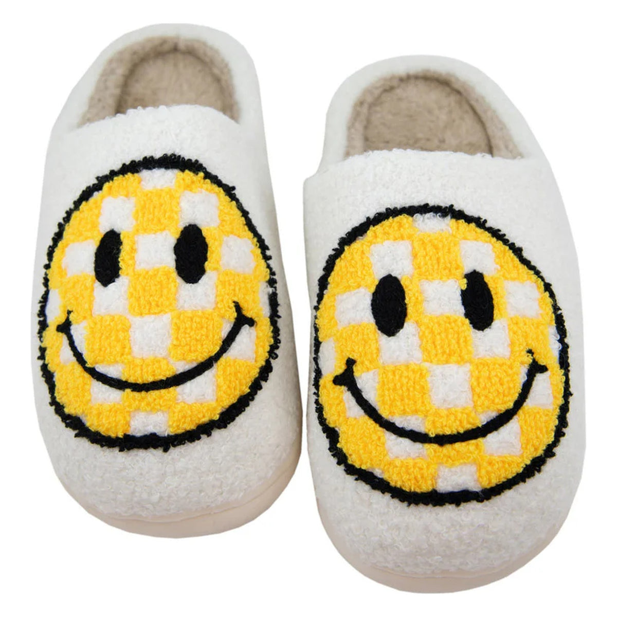 Yellow and white checkered happy face women's fuzzy house slippers
