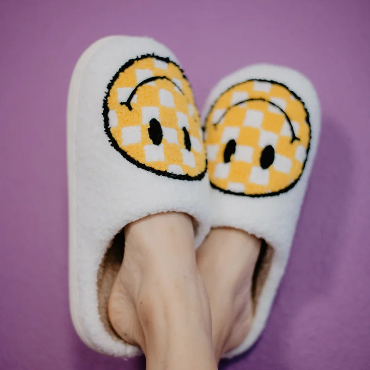 Checkered Happy Face Women's Fuzzy House Slippers Yellow & White