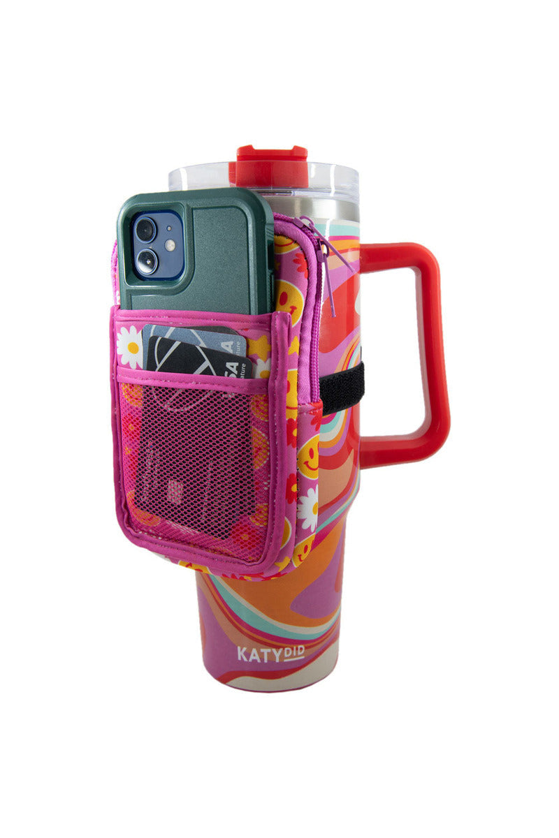 Pink tumbler pouch with red flower happy face design