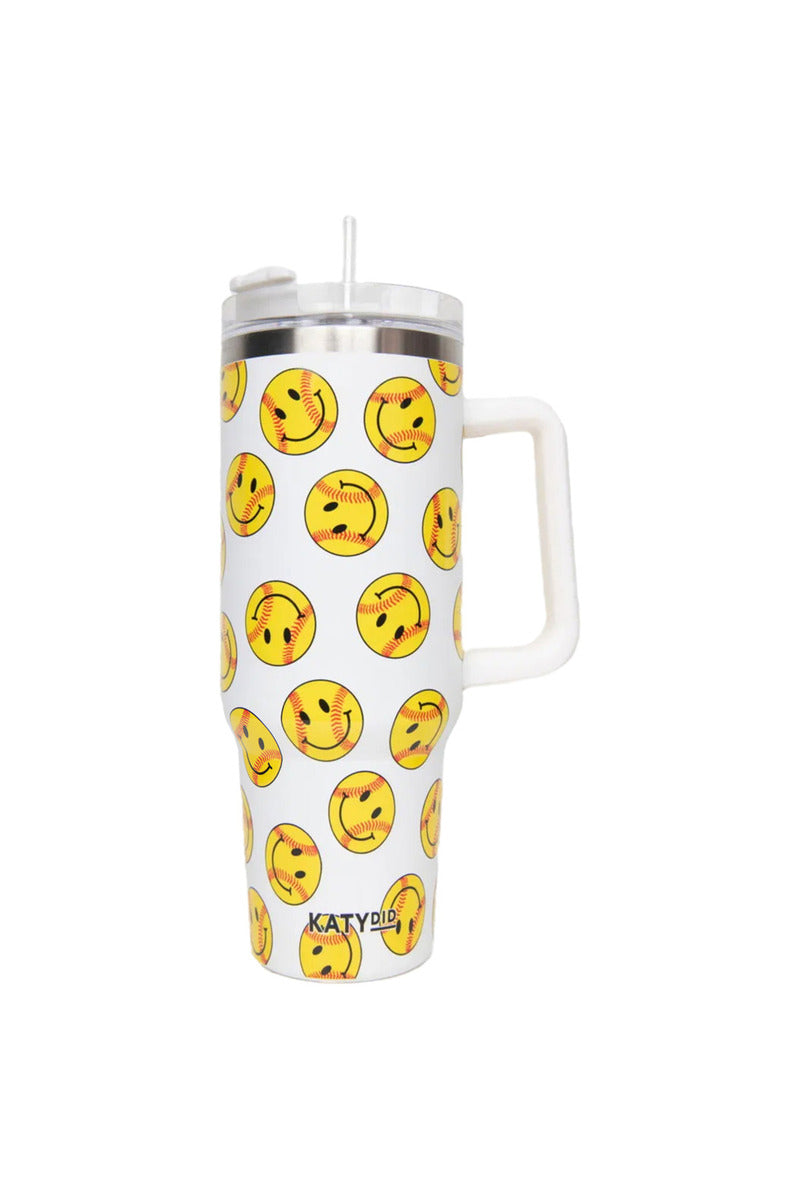 softball happy face 40 oz tumbler cup with handle