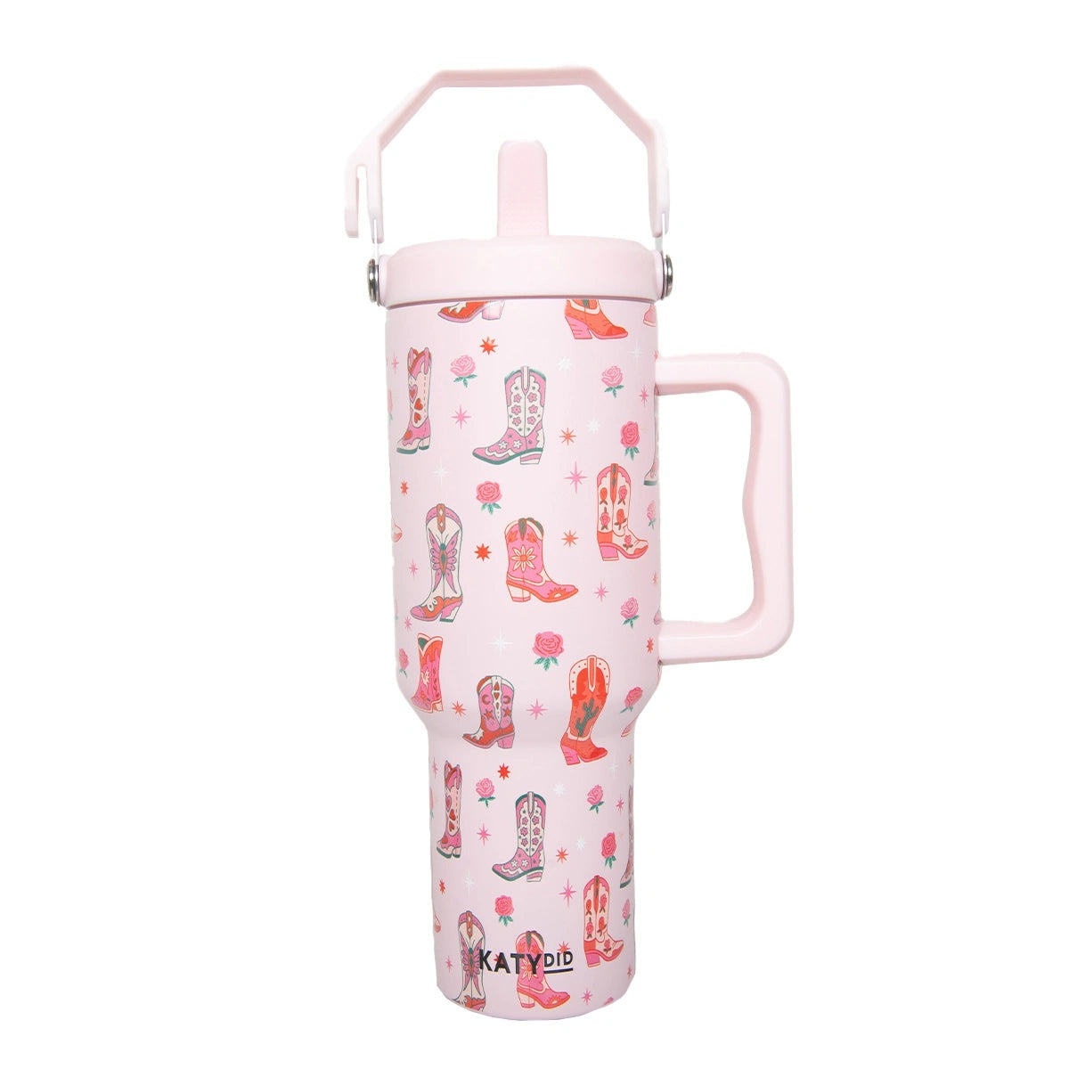 Cowgirl Boots & Roses Pattern 38 Oz Tumbler Cup With Handle & Top Carry Handle