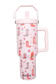 cowgirl boots & roses pattern 38 oz tumbler cup with handle and top carry handle