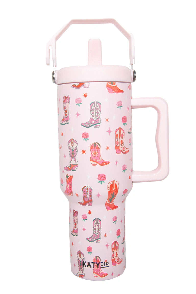 cowgirl boots & roses pattern 38 oz tumbler cup with handle and top carry handle