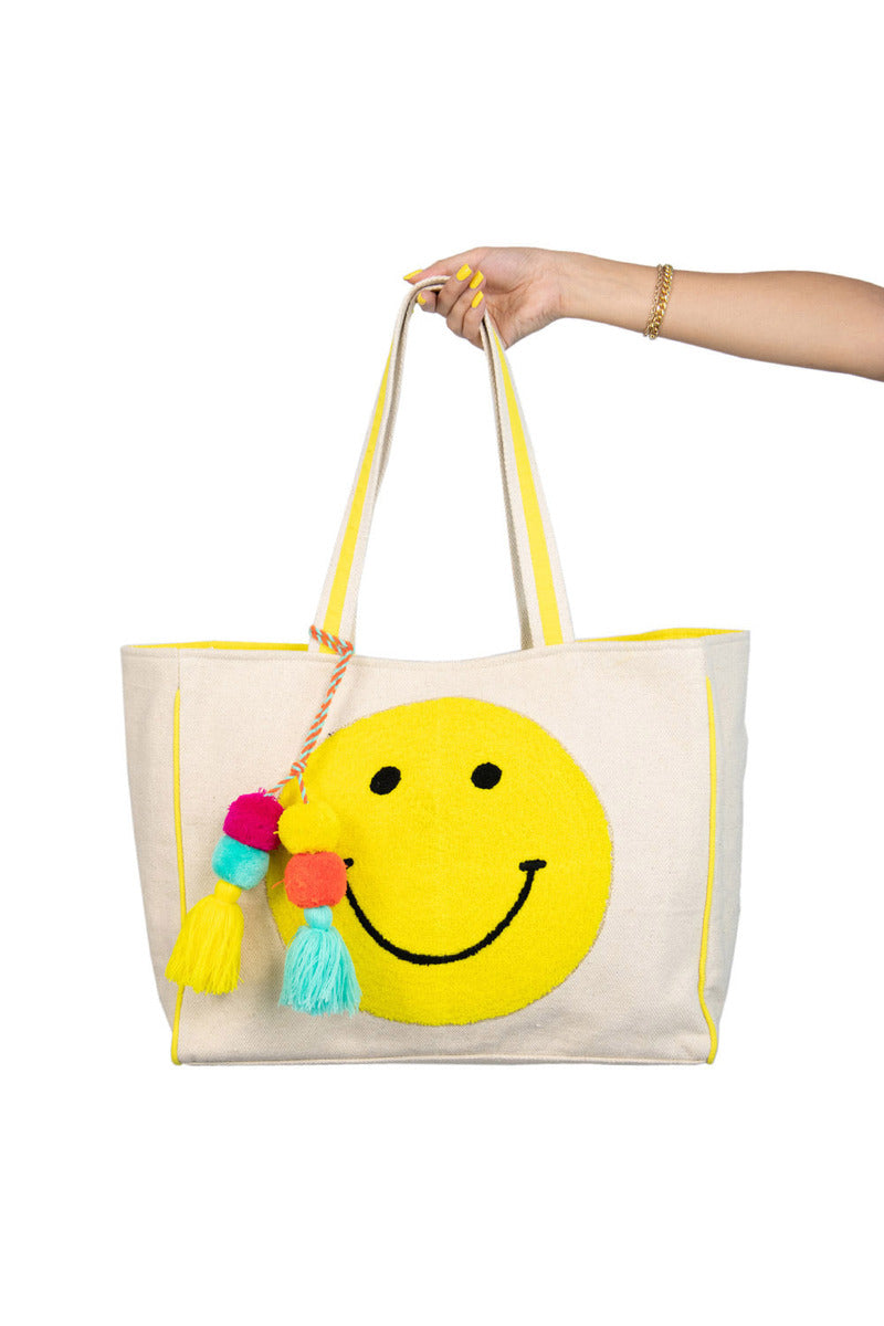 Happy face chenille patch canvas tote bag in yellow and white