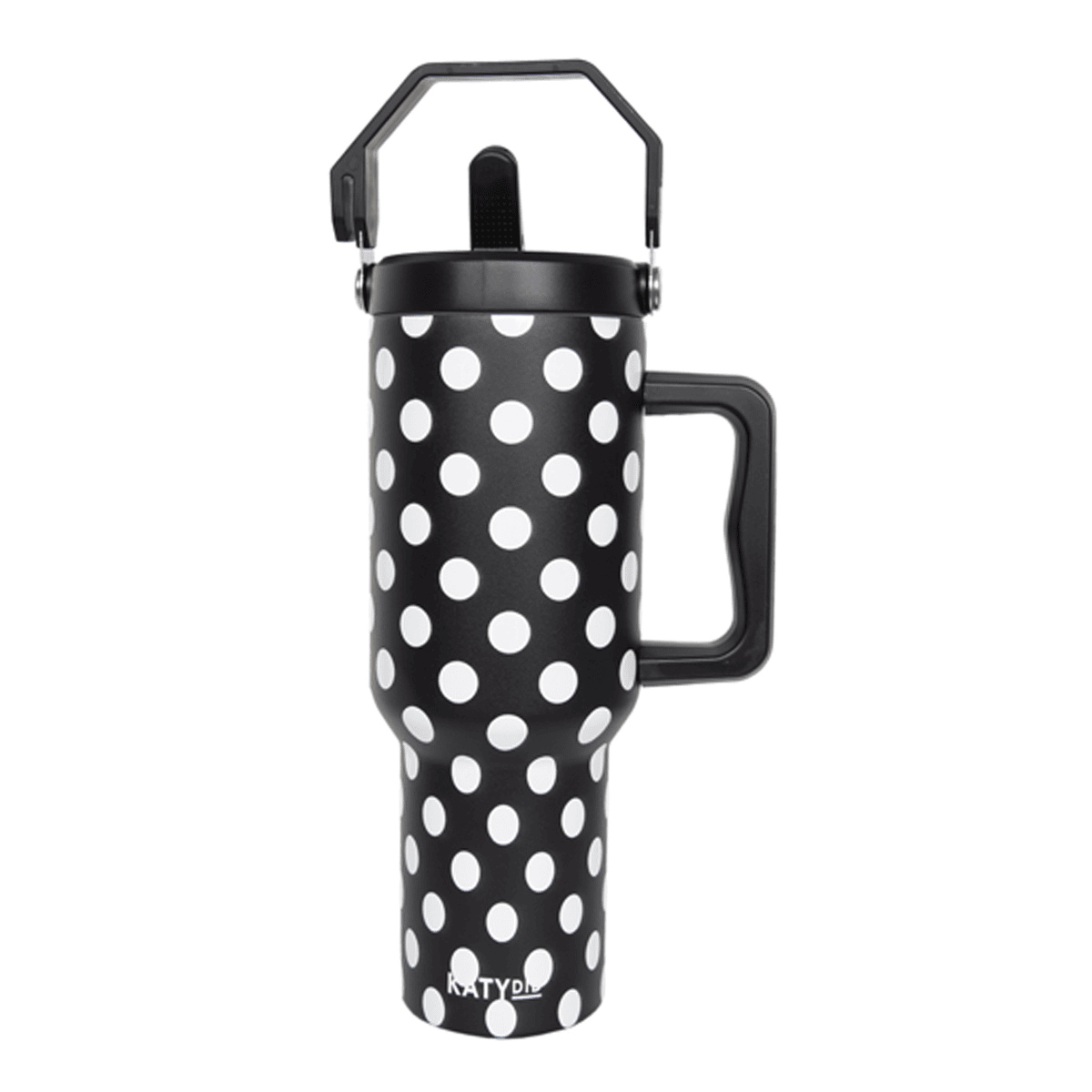 Black & White Polka Dots 38 Oz Tumbler Cup With Handle & Top Carry Handle