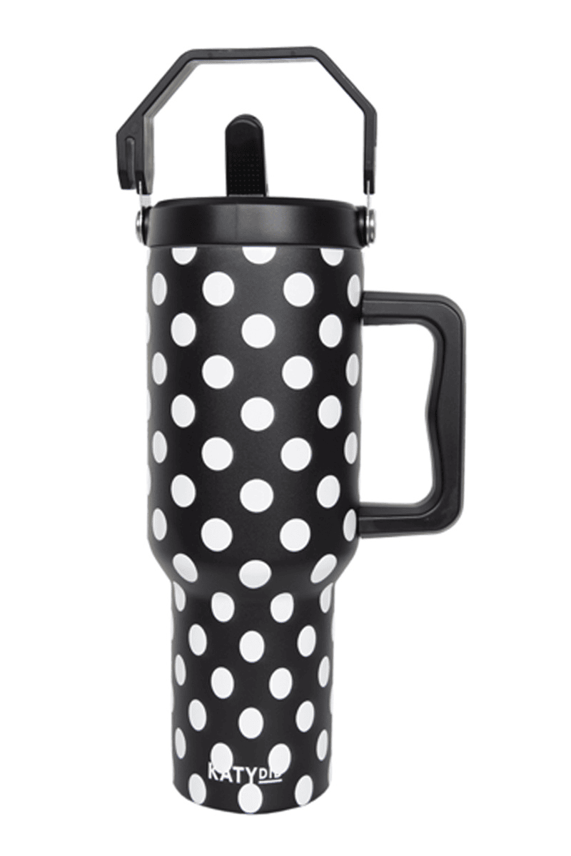 black & white polka dots 38 oz tumbler cup with handle and top carry handle