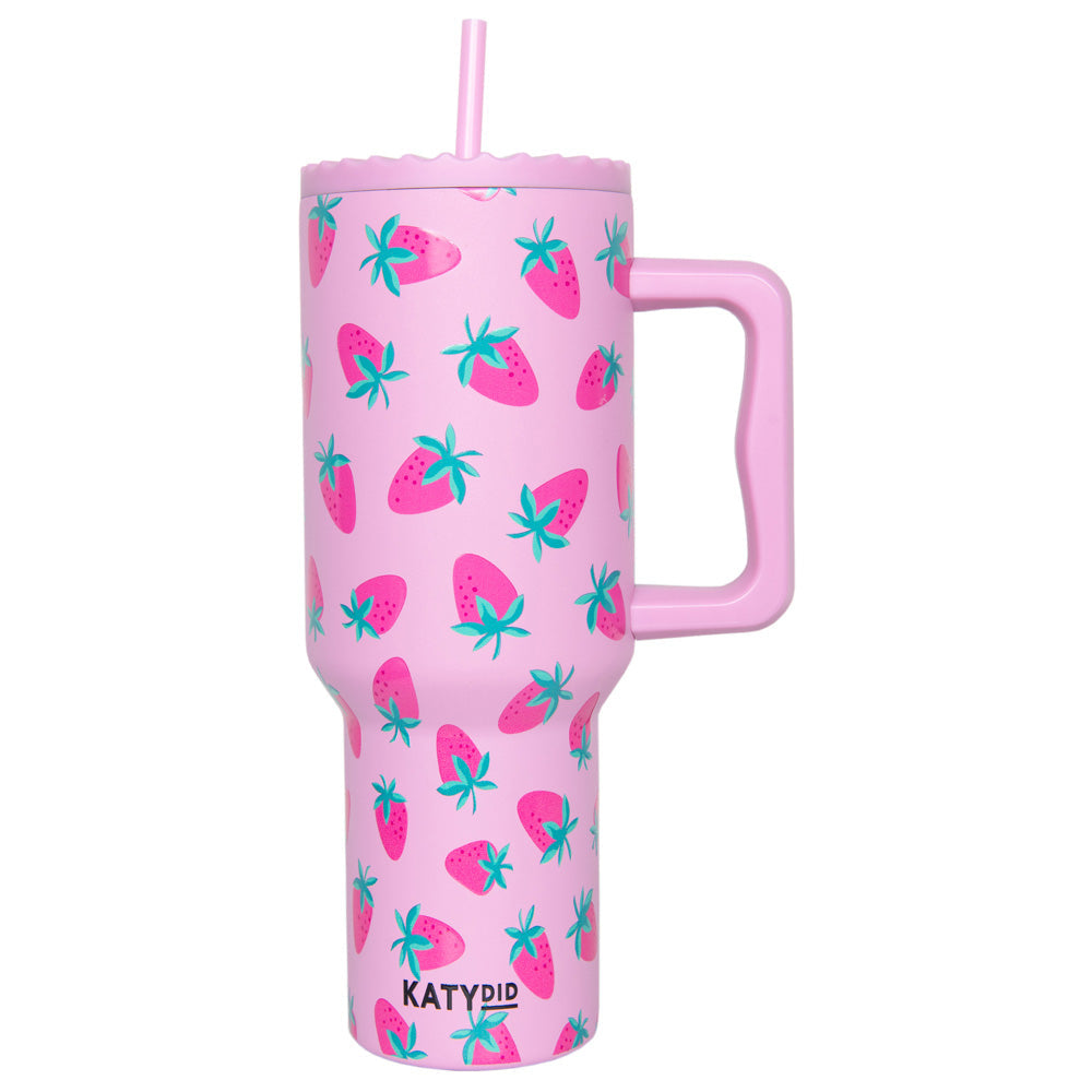 subtle strawberry pattern 38 oz tumbler cup with handle