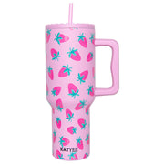 subtle strawberry pattern 38 oz tumbler cup with handle