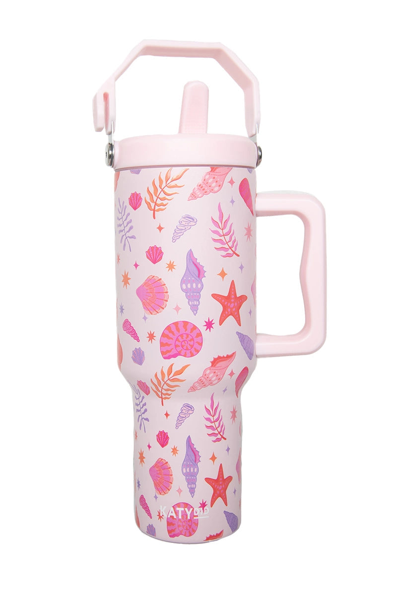 beach seashells pattern 38 oz tumbler cup with handle and top carry handle