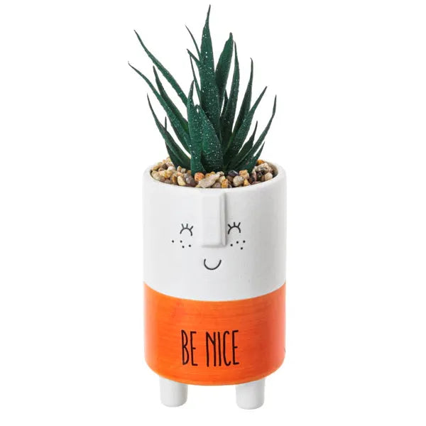 Cute Kindness Pot With Artificial Plant & Inspirational Message - Be Nice