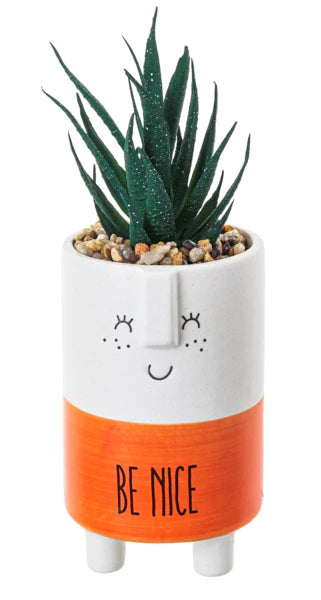 Cute kindness pot with artificial plant and Be Nice message